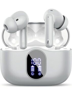 Wireless Grey Bass Stereo Noise Cancelling Mic LED Display Bluetooth 5.4 Earbud